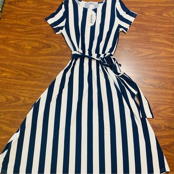 NEW LEVACA Flowy Blue and White Striped Midi Dress - Picture 4 of 11